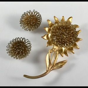 Sunflower Earrings Pin Brooch Vintage Gold Toned